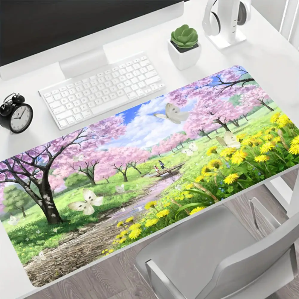 

XXL Large Gaming Keyboard Mat, Desk Mouse Pad, Cherry Blossom Path in Sunlight, Stitched Edges, Suitable for Office and Home Use