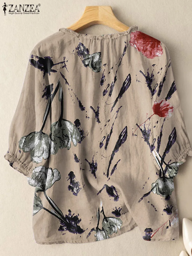 ZANZEA 2024 Summer Spring Autumn Women Blouses Fashion Three Quarter Sleeve Floral Printed Tops Casual Blusas Tunic Streetwear