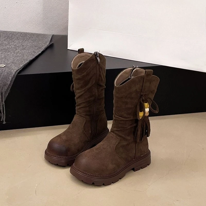 Girls Autumn and Winter Long Boots 2026 British Style Kids Mid Calf Boots Warm Retro Footwear for Children
