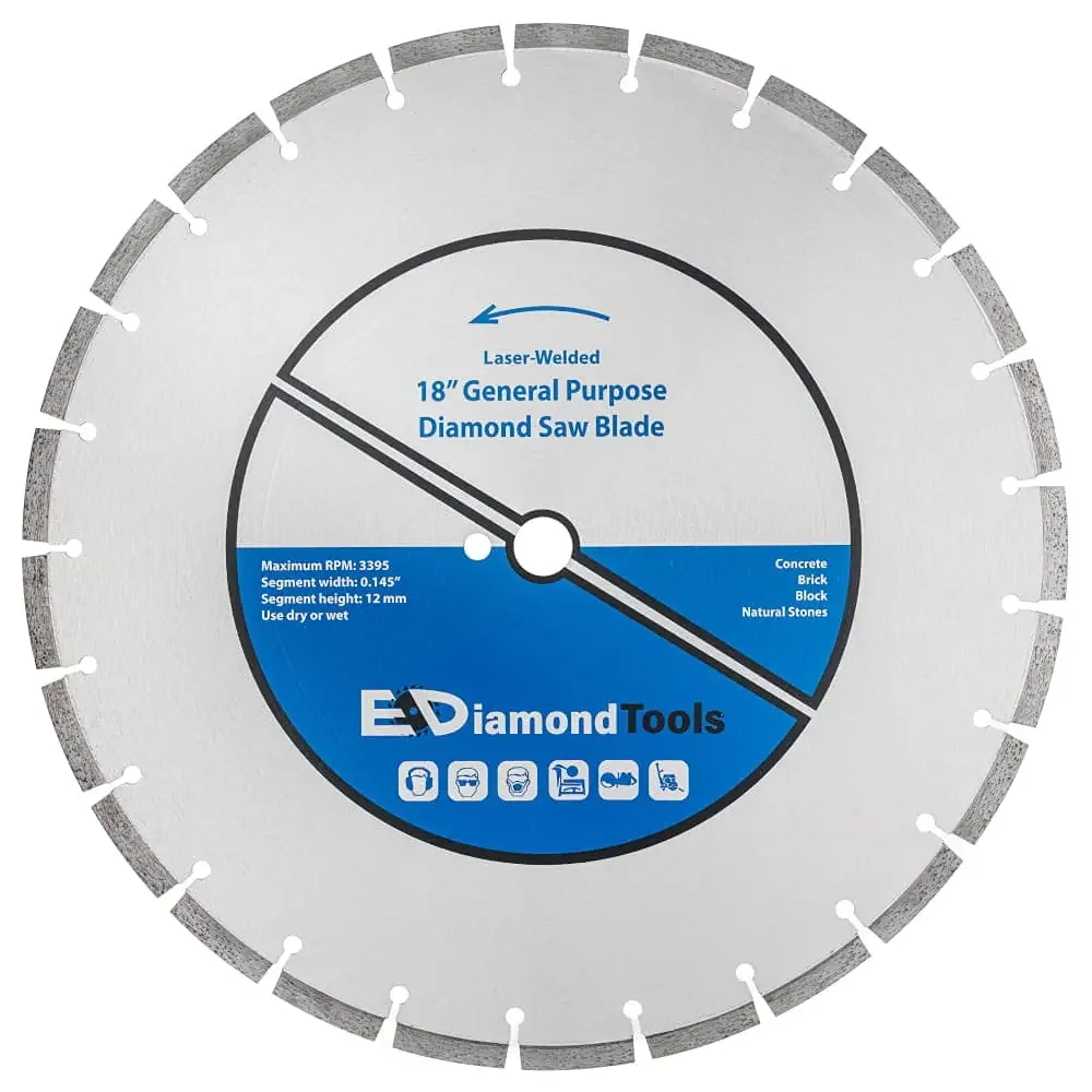 Laser Welded Diamond Saw Blade for Concrete, Brick, Block and Masonry, Heat Treated Blade Core, Dry or Wet, 1" Arbor