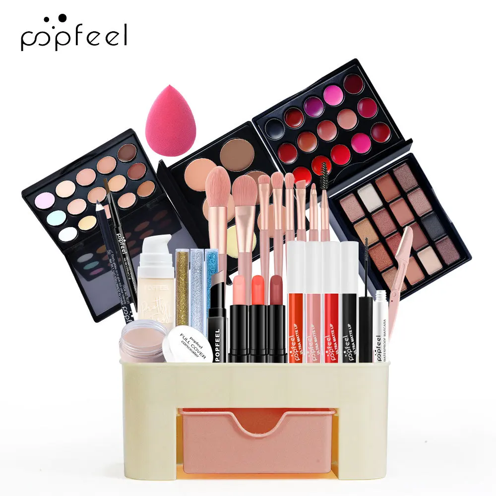 Popfeel-Kit de Maquillage Complet Tout-en-un pour Femme, Eyeblogueur, Eyeliner, Rouge à Lèvres, Mascara, Poudre de Contour, Pinceau, Ensembles de Luxe, Cadeaux