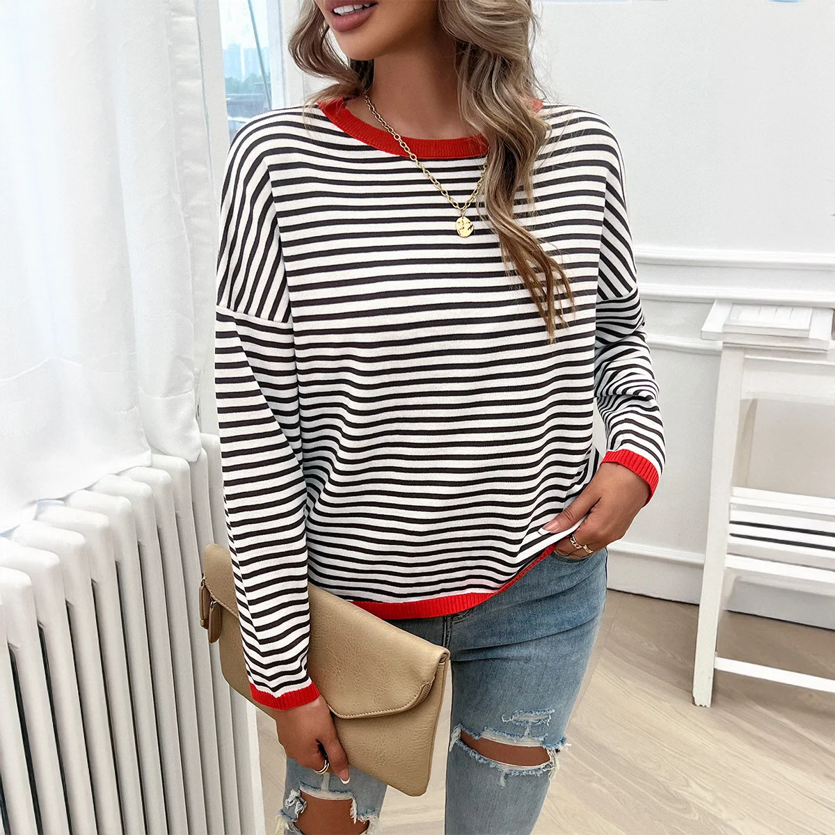 الأوروبية والأمريكية عبر الحدود AliExpress الأمازون الخريف والشتاء أعلى المرأة مزاجه عارضة طاقم الرقبة سترة مخططة
