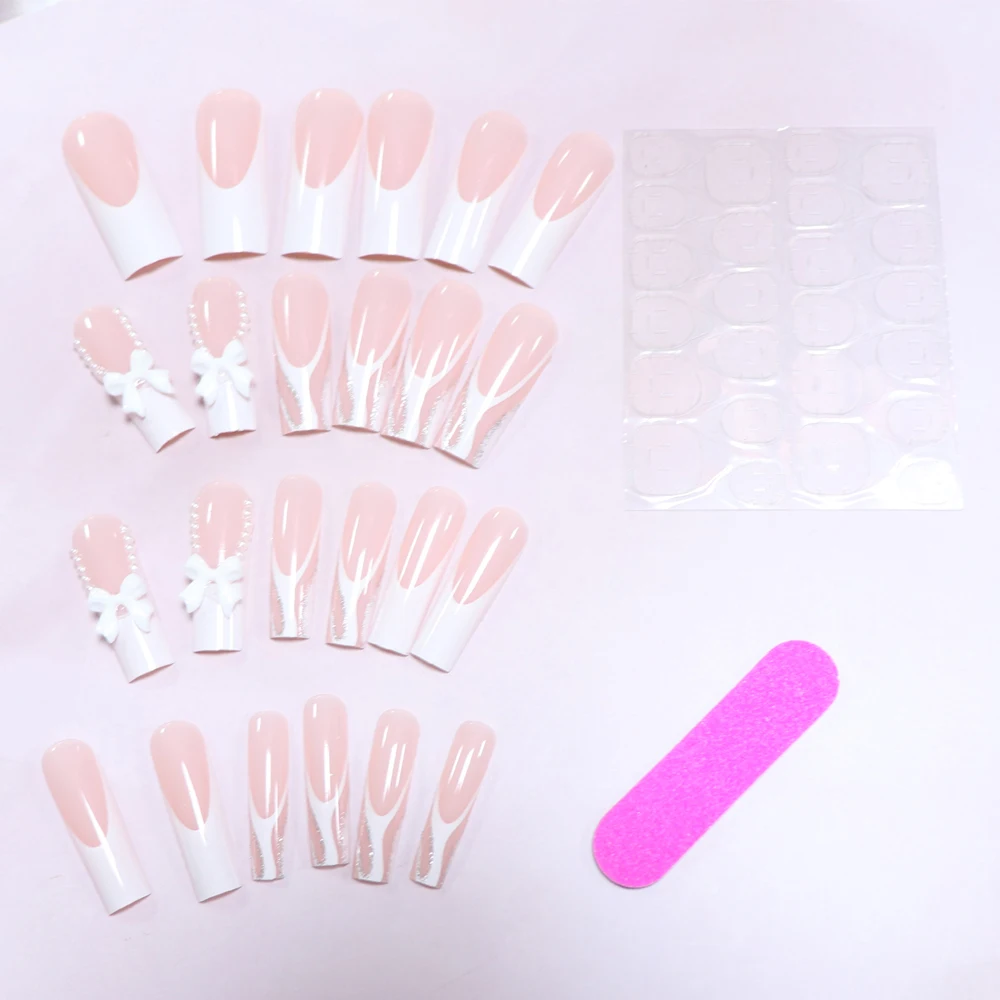 24pcs coffin long press on nails bowknot blcak fake press on nails white pearl summer nails sweet french tip press on nails cute