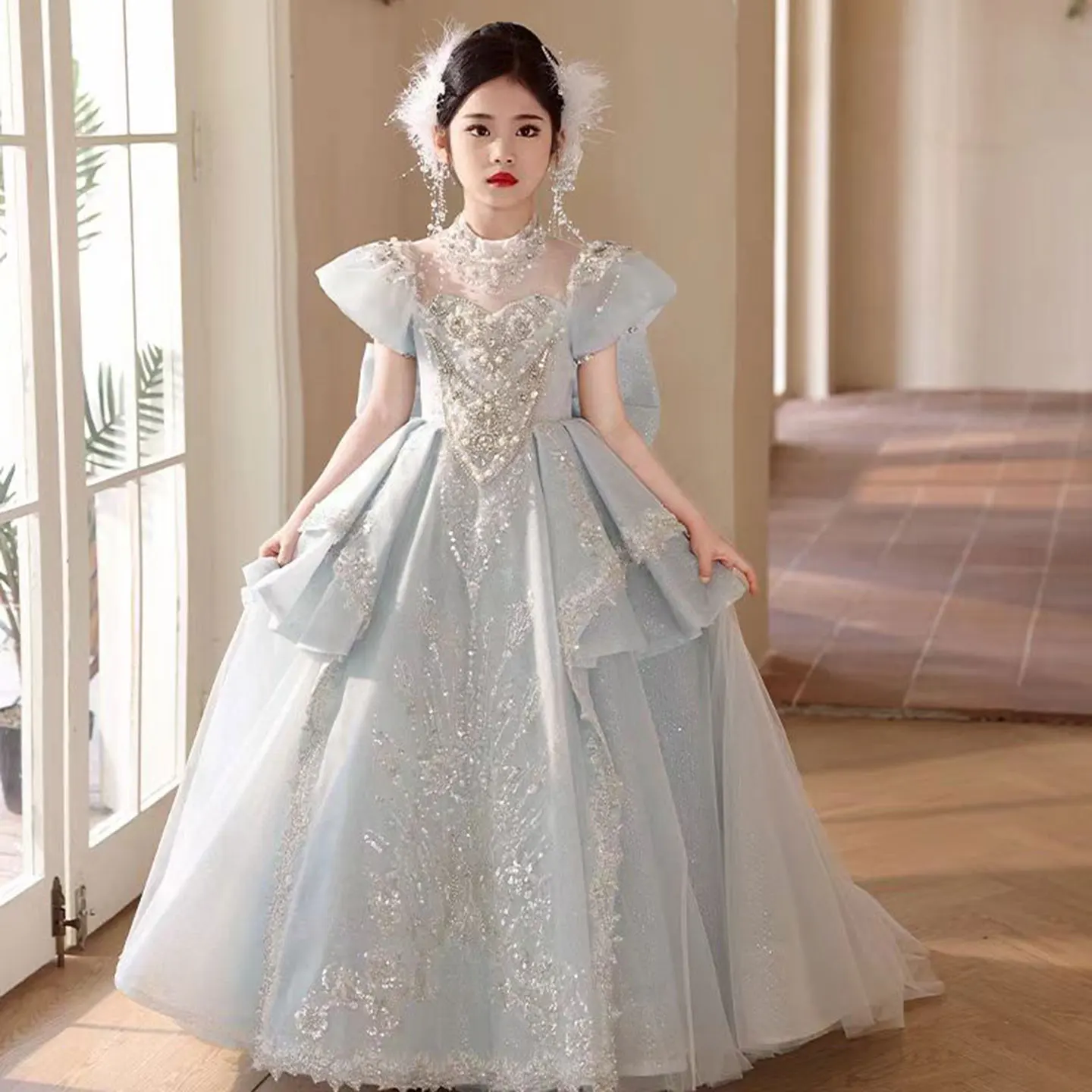 Jill Wish Luxury Blue Crystal High Neck Girl Dress Bow Long Train Arab Kids Princess Wedding Birthday Party Holiday Gown J333