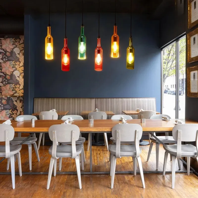 Linear Multicolor Wine Bottle Glass Pendant Light Long Black Hanging Lamp For Kitchen Island Bar Cafe Dining Decor Lighting