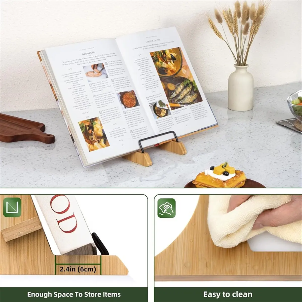 حامل كتب الطبخ الجديد لطاولة المطبخ، حامل كتب الطبخ من الخيزران، حامل كتب الطبخ للمطبخ، حامل كتب الوصفات #1