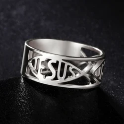 My Shape Jesus Fish Rings Women Men Silver Color Stainless Steel Finger Rings Christian Religious Amulet Ring Jewelry Gifts