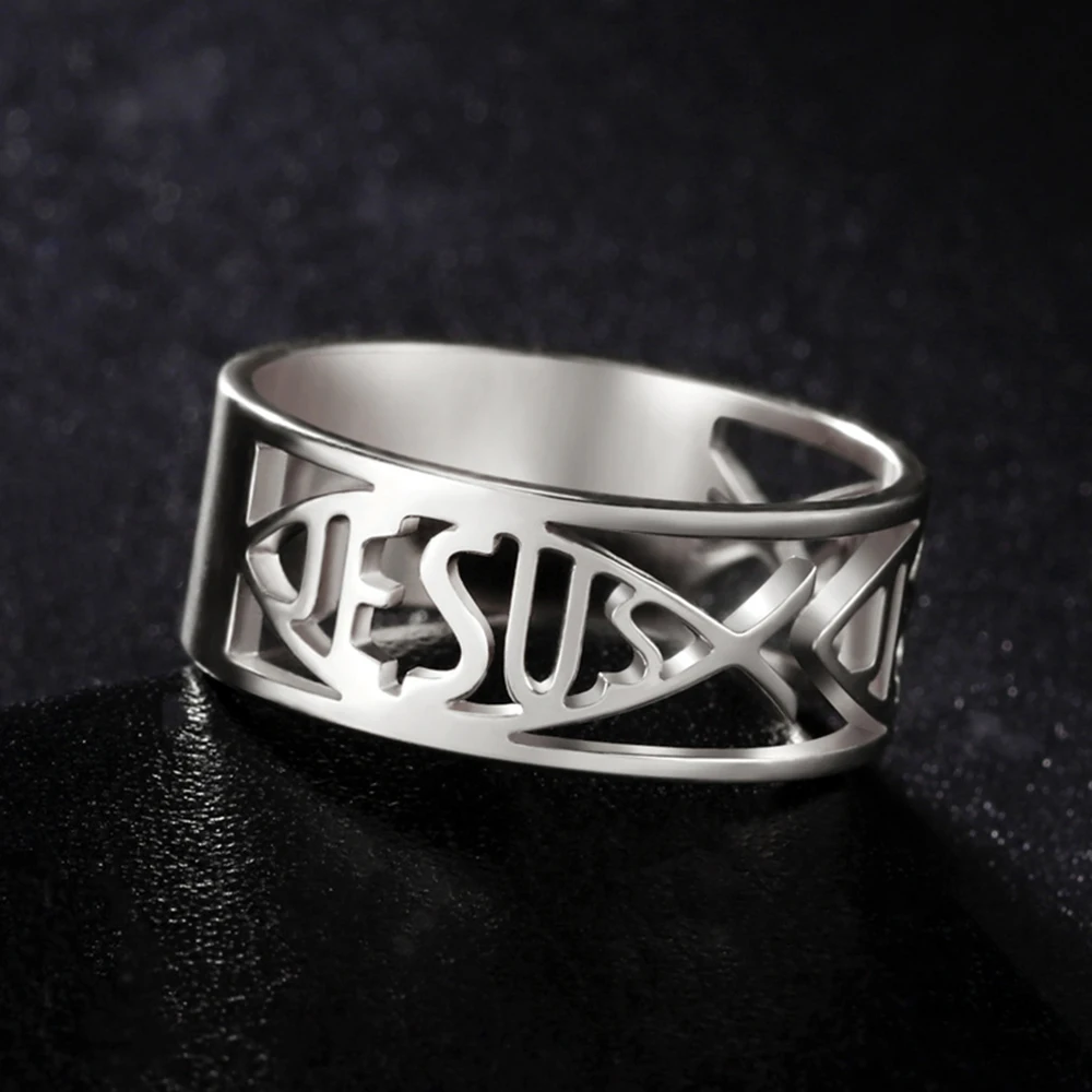 My Shape Jesus ryby pierścionki kobiety mężczyźni srebrny kolor ze stali nierdzewnej pierścienie na palec chrześcijański religijny Amulet pierścionek biżuteria na prezent