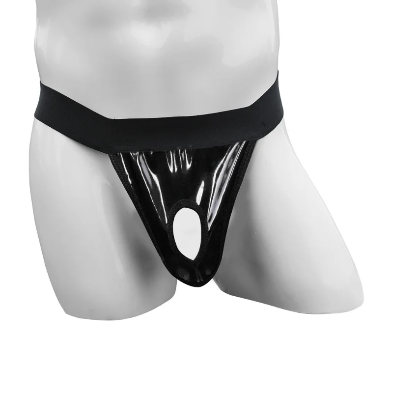Men Jockstrap Sexy Glossy Pu Leather Underwear Wide Rubber Band Thongs And G Strings Cueca Front Hollow Open Butt Thong Lingerie