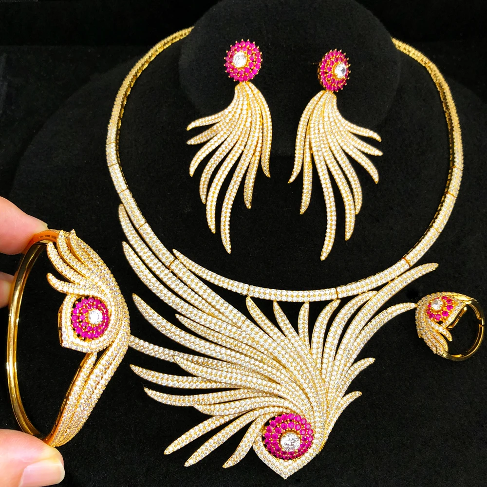 

GODKI Lucky Eye 4PCS Feather Nigerian Jewelry Set For Women Wedding Engagement Party Cubic Zircon Dubai Bridal jewelry Set 2020