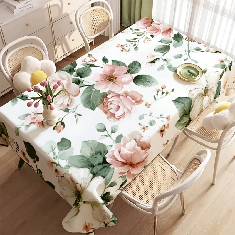 Vintage Peony Flower Tablecloth, Soft Pink Bloom Waterproof Table Cover for Dinner Table, Holiday Gathering, Indoor Decor