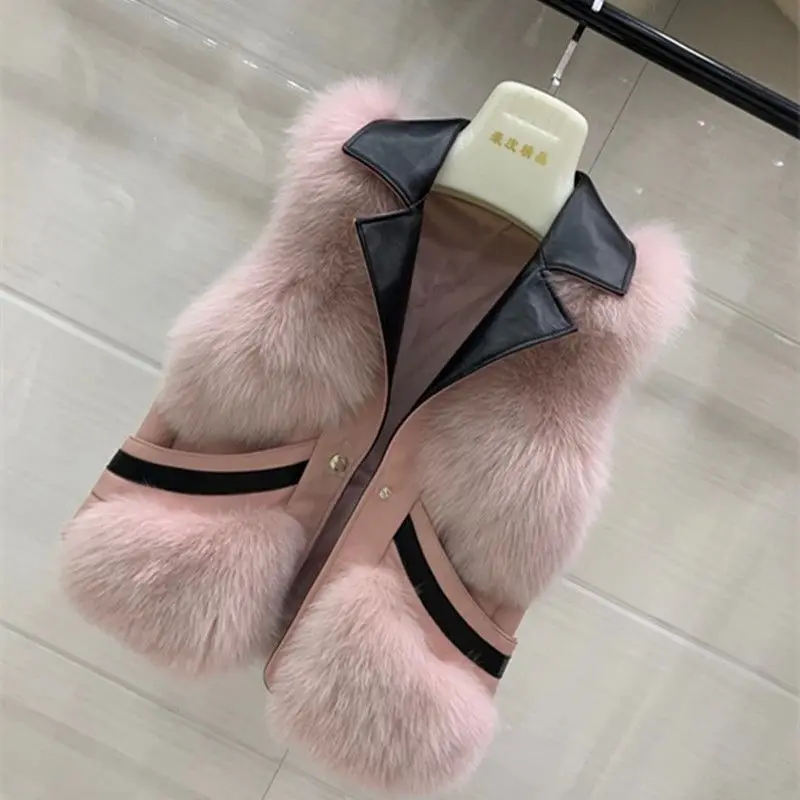 2025 New Women's Whole Leather Imitation Fox Fur Vest Jacket Autumn Winter Warm Fur Vest Fashion Female Short V-neck Waistcoat