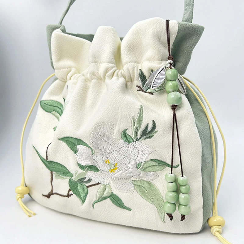 Chinese Style Retro Flower Embroidery Crossbody Top-handle Bags Women Shoulder Lace Drawstring Bucket Bag Coin Purses Handbags