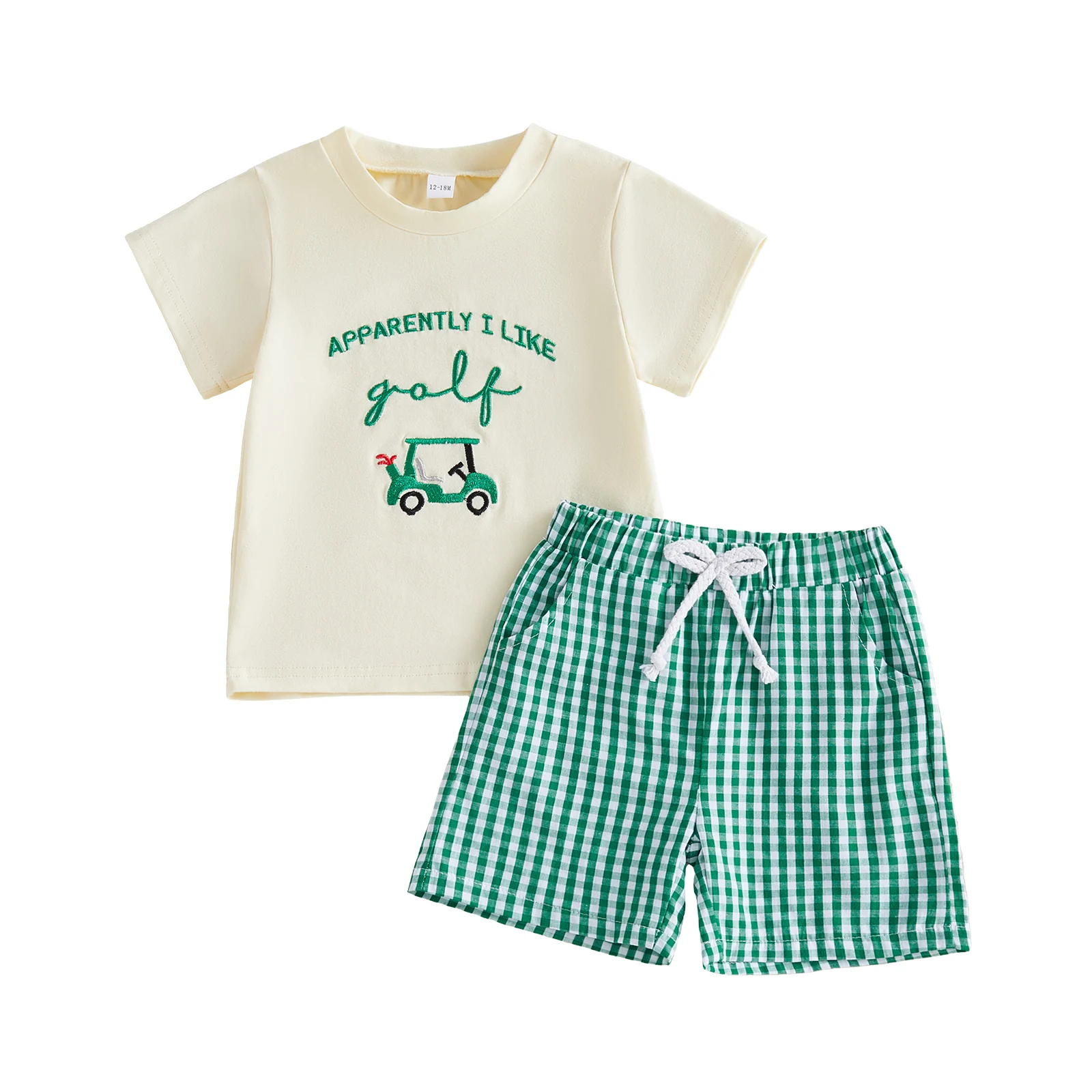 

Infant Boy s Summer Golf Theme Embroidered Crew Neck T-shirt and Plaid Shorts 2 Piece Set for Toddlers