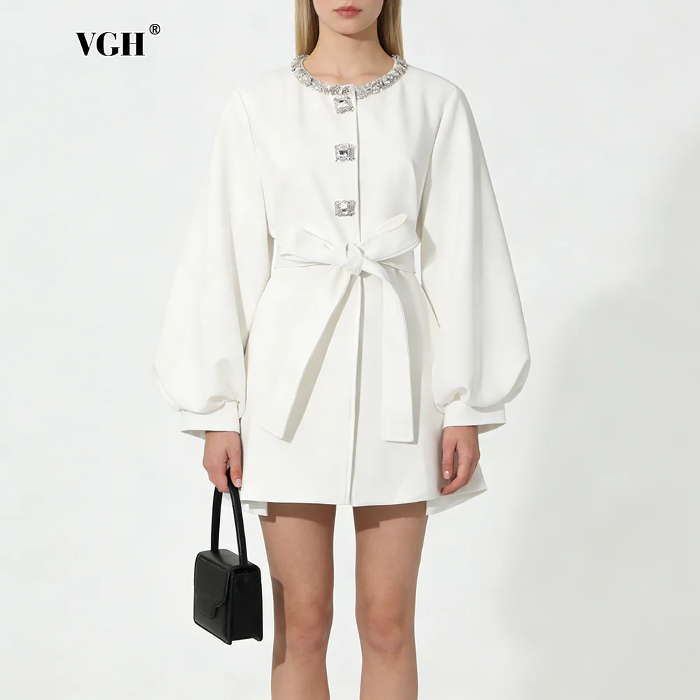 

VGH Slimming Solid Trend Jackets For Women Round Neck Long Sleeve Spliced Diamonds Spring Temperament Jacket Female Fashion New