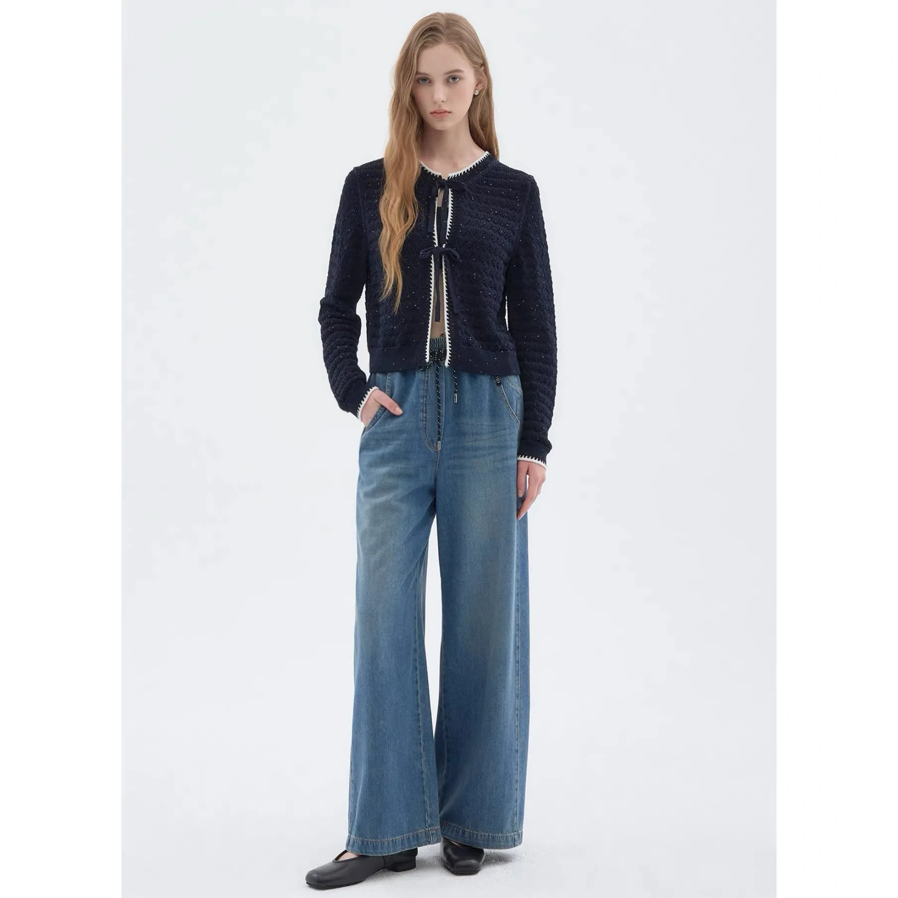 

NingYao AoJia 26 Spring Anti-Aging Versatile round Neck Hollow out Knitted Cardigan Sequin Belted Long Sleeve Commute Style