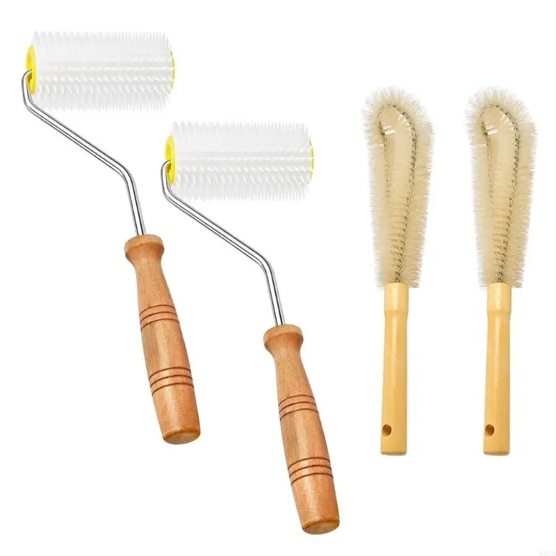 E06B 2 PCS Honeys Extractor uncaping Neadle Roller و 2 PCS Cleaning Bees Brush Honeys Eduction مع مقبض خشبي