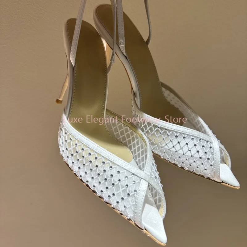 White Lace Pearl Rhinestone Slingback Stiletto Sandals Women Mesh Slip On Pointed Toe High Heels Elegant Elegant Party Prom Shoe