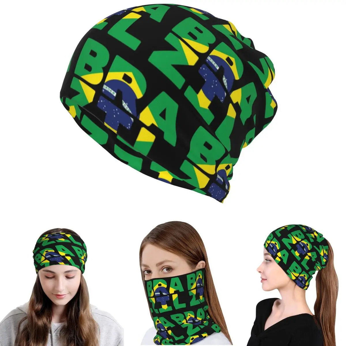 

Brazil Flag Text Bandana Neck Cover Magic Scarf Multifunction Face Mask Beanies Hat Unisex Adult Breathable