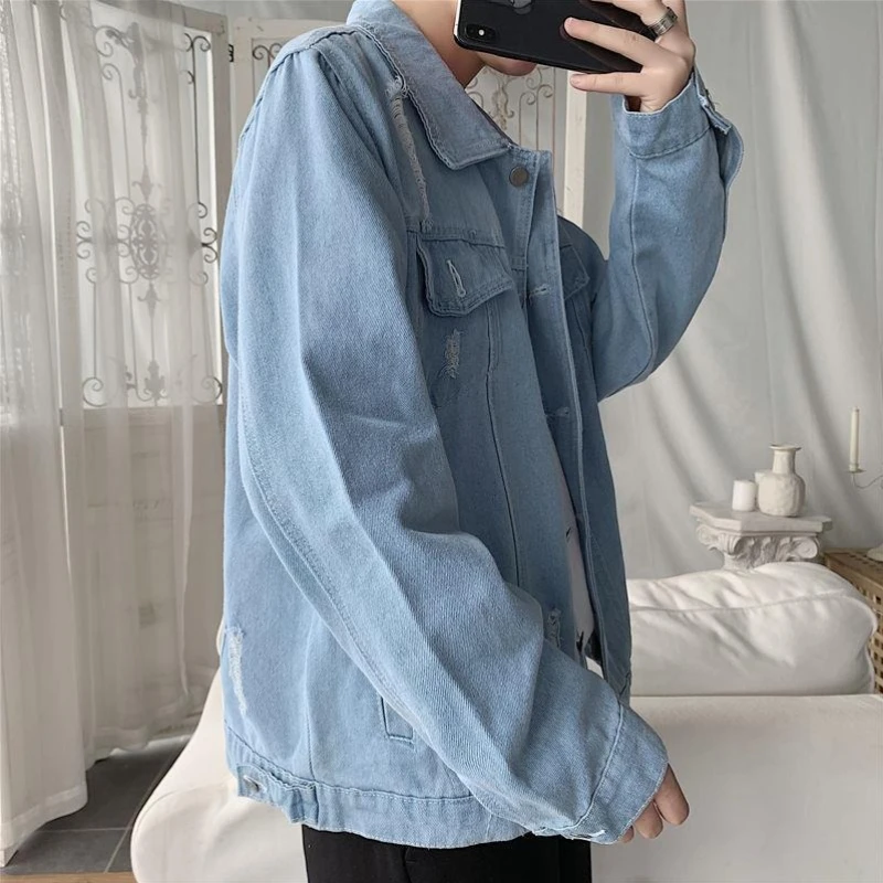 

Casual Button Lapel Male Jean Coats Vintage Y2k Cheap Price Stylish of Fabric Loose New in Worn Trendy Size L Men's Denim Jacket