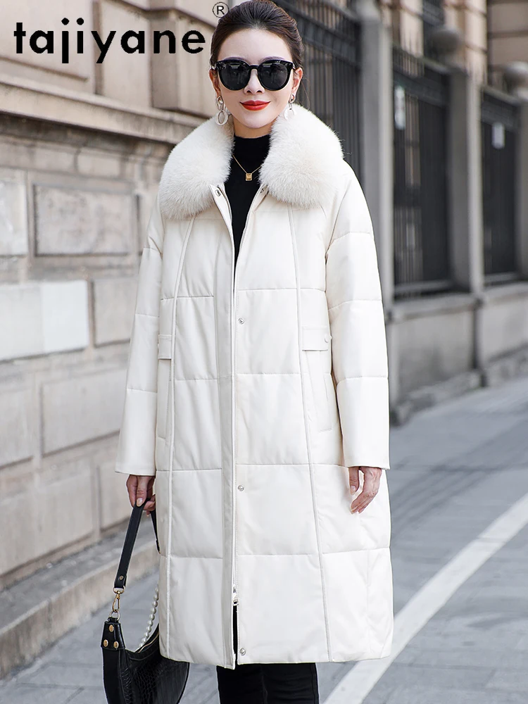 TAJIYANE Echter Schaffell-Weiß-Entendaunenmantel, lange Pufferjacke aus echtem Leder für Damen mit Fuchspelzkragen, Winterkleidung 2025 Durant Daugldi