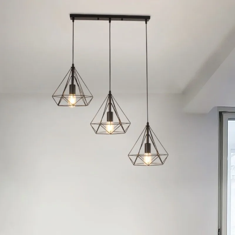 

Industrial Style Simple Creative Diamond Single Head Three Head Wrought Iron Chandelier Modern Restaurant Bar Pendant Lights