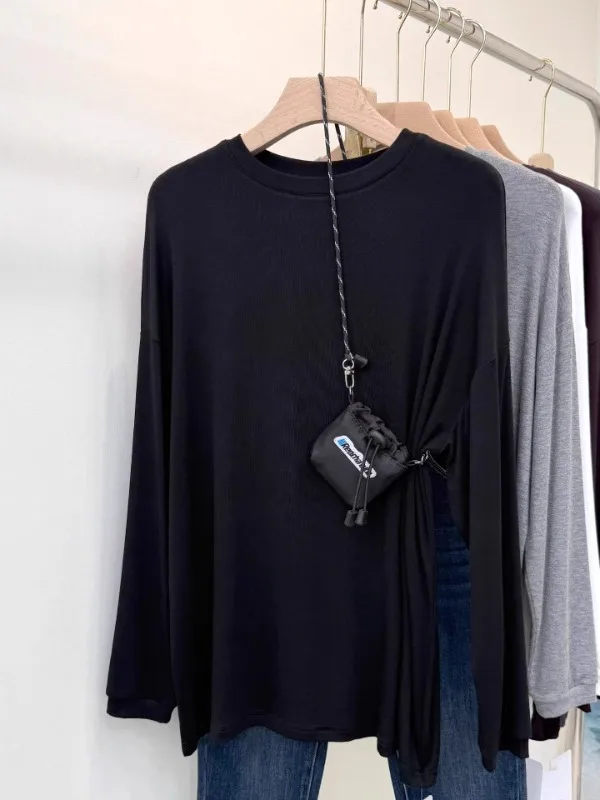 Gray round Neck Modal Long Sleeve T-Shirt Women's Loose Elastic Mid-Length Cover Butt Trendy Top for Commuting Autumn Season