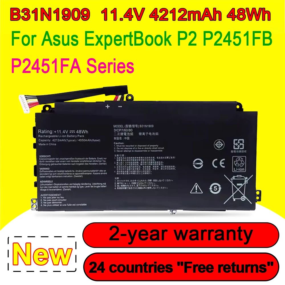 B31N1909 For ASUS ExpertBook P2 P2451FA-EK0009 EB0354R P2451FB-1A Series Laptop Battery 3ICP7/60/80 In Stock 4212mAh 48Wh 11.4V