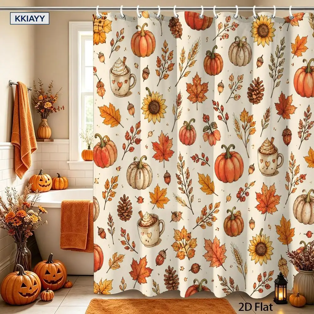 2D flat, 1 piece 2D flat autumn local warehouse shower curtain yellow sunflowers pumpkin leaves coffee cups rustic autumn theme bathroom decor bathroom hanging curtain 70.8X 70.8inch includes 12 hooks, 2D flat