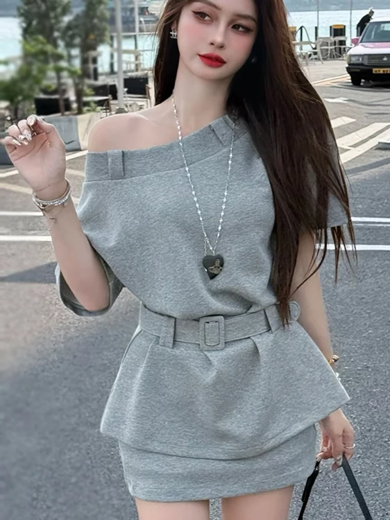 

Корейский повседневный комплект: укороченная юбка и топ с асимметричным воротником, высокая талия, короткий рукав, женский комплект из двух предметов