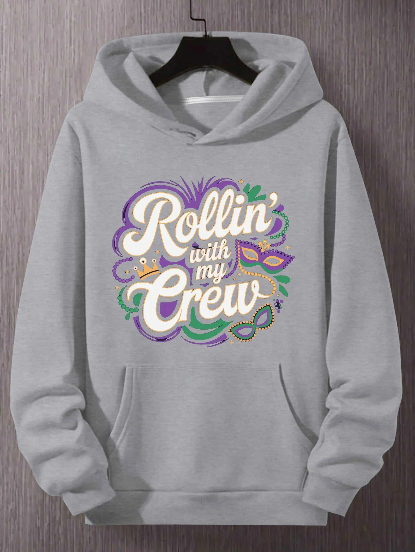 Rollin with My Crew Men's Plus Size Hoodies - Vibrant Green Graphic Print with Feathers & Crowns, Loose Fit Casual Pullover
