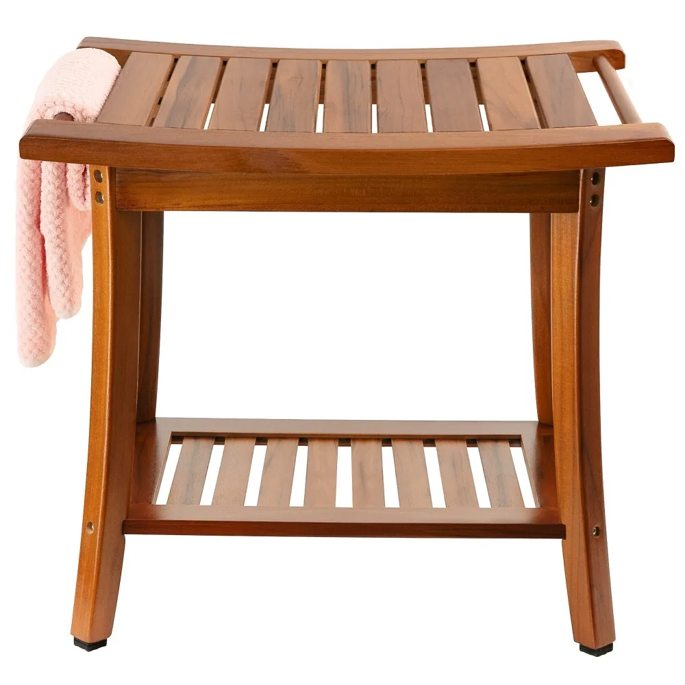 Teak Shower Bench Seat with Handles, Portable Wooden Spa Bathing Stool with Storage Towel Shelf