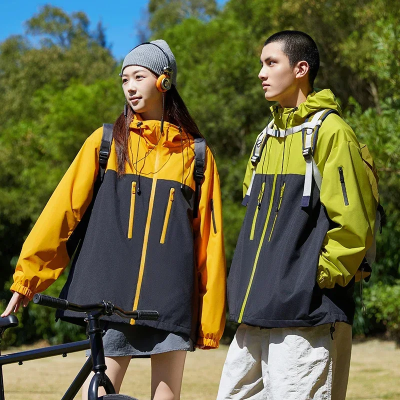 Color Block Waterproof Cycling Jackets Women Men Windproof Softshell Coats Man Outdoor Autumn Hooded Patchwork Trekking Jacket