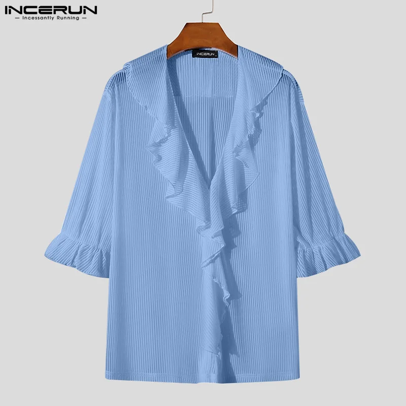 INCERUN Men Shirt V Neck Half Sleeve Ruffle Elegant Casual Men Clothing Transparent Streetwear 2024 Fashion Leisure Male Shirts