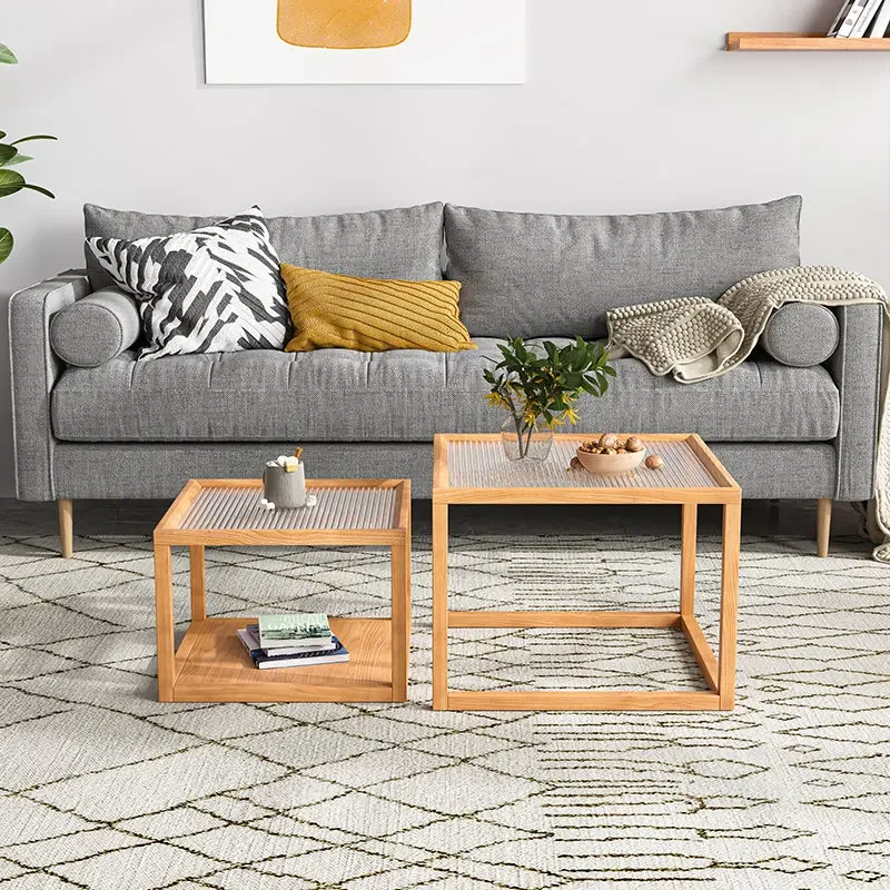 Nordic European Changhong glass coffee table combination solid wood edge small apartment homestay modern ash wood cherry