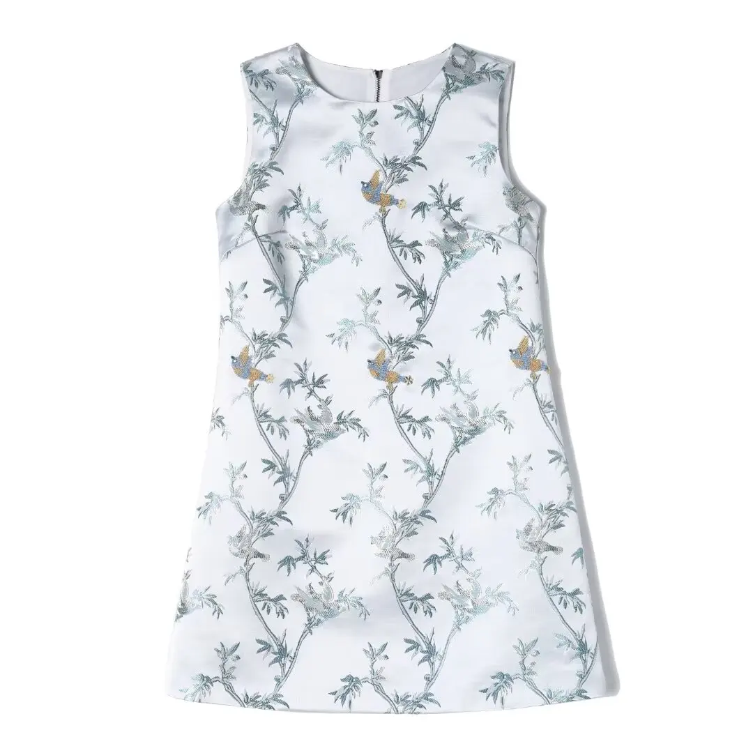 

European and American women's clothes 2024 spring new Round neck Sleeveless heavy bird studded bead jacquard Fashion dress