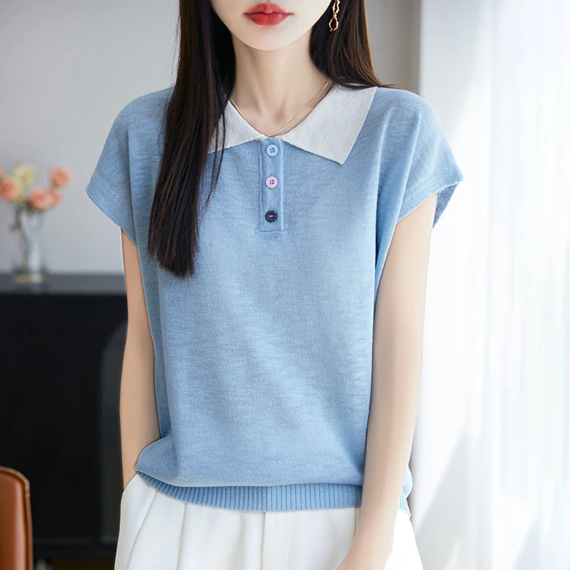 

Summer new women's short sleeved casual contrasting T-shirt POLO collar Tees loose pullover Tops knitted bamboo hemp Blouse cool