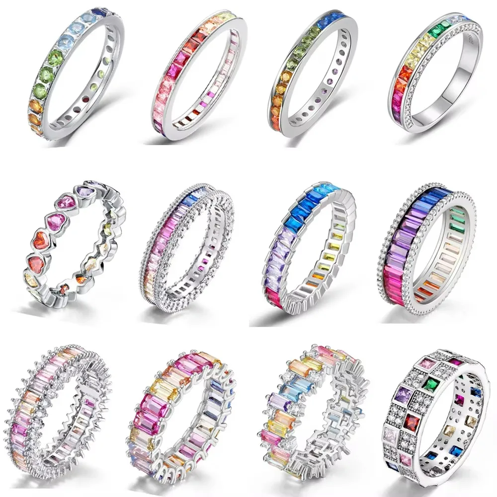 

ALLNOEL Rainbow Band Ring for Woman Pure 925 Sterling Sliver 5A Zircon Eternity Fine Jewelry Colorful Engagement Birthday Gifts
