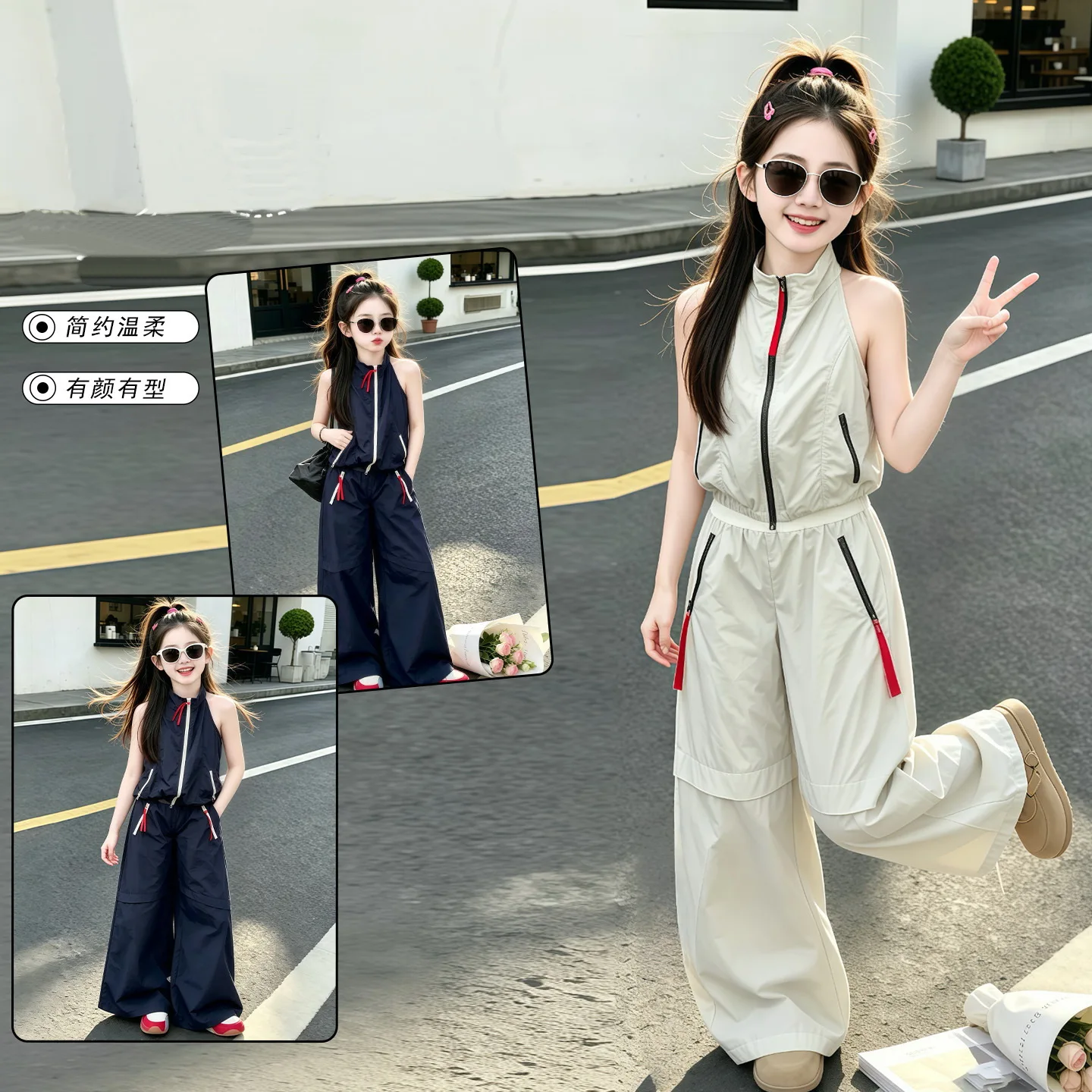 Korean Style Summer Children Girls 2PCS Clothes Set Zipper Vest+Loose Pants Fashion Cool Suit Streetwear Teens Kids Tracksuits