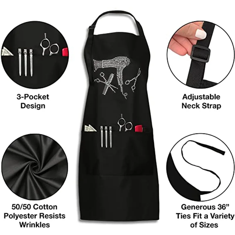 Fashion Large Size Barbershop Stick Imitation Diamond Kitchen Home Hair Salon Pockets Adult Bib Waist Adjustable Strap Aprons