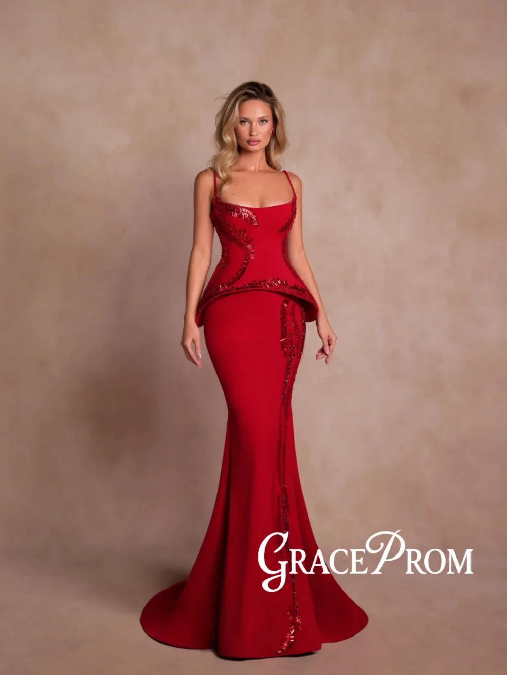 

Structured Corset Beaded Evening Dress Opulent Satin Mermaid Long Wedding Party Gown Customized Thin Straps Red Carpet Gowns