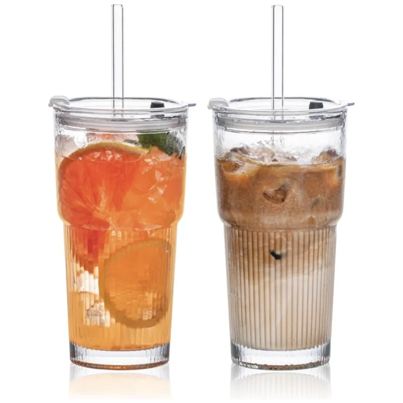 

2-piece set of 600ml/21oz large capacity water cups, new women's summer glass cup with lid and straw, vertical striped glass cup