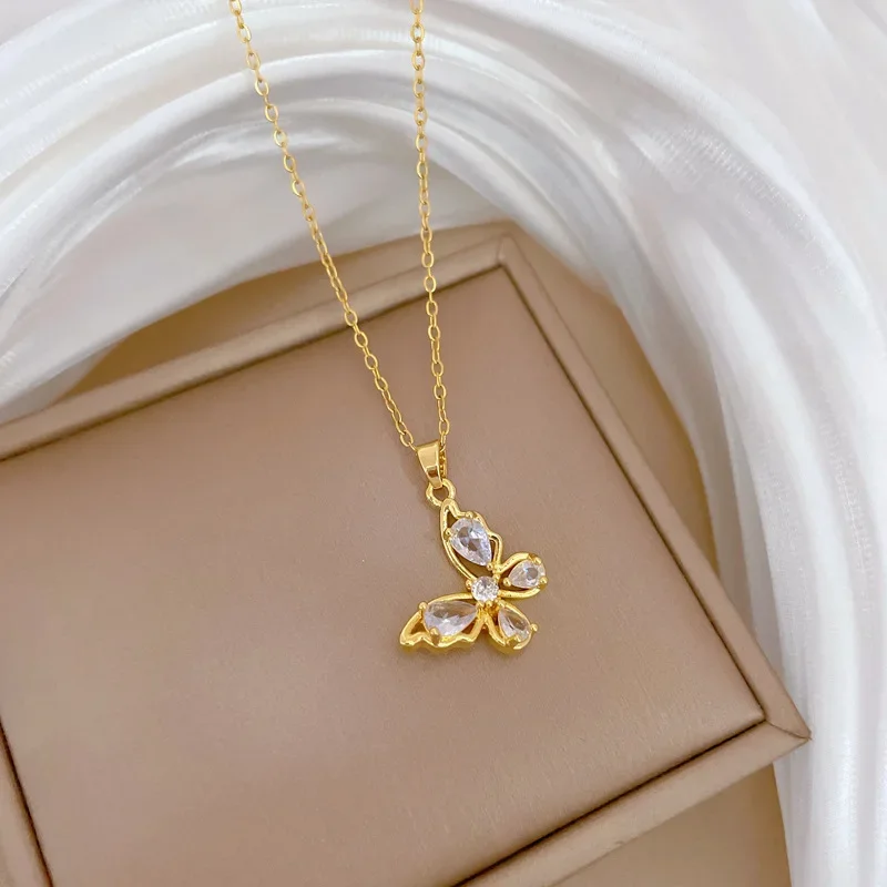 Fashion Butterfly Zircon Pendant Necklace for Women Girls Stainless Steel Chain Party Accessories Jewelry Gifts image 4