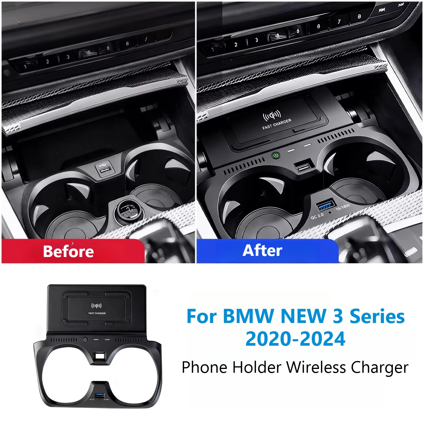 Carregador sem fio para BMW Série 3 NOVO 2020-2024, sistema inteligente para console central do carro, suporte para celular, base de carregamento rápi