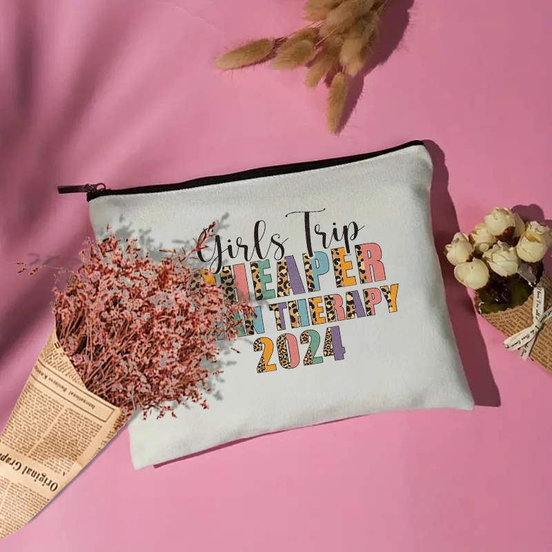 Girls Trip Cheaper Than Therapy 2024 Pattern Cosmetic Case Women Canvas Purse Funny Girls Weekend Gift Women Travel Lipstick Bag