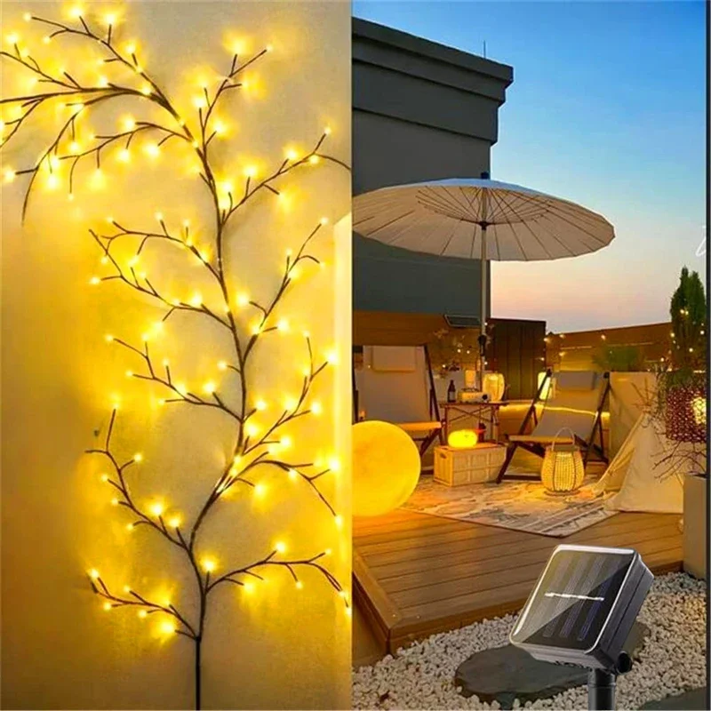 96 LEDS Solar Willow Vine Light Outdoor Waterproof String Fairy Light 8 Lighting Modes For Wall Balcony Garden DIY Decorations