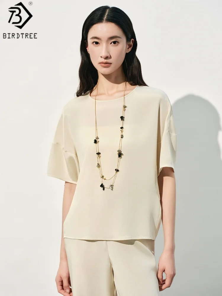 Birdtree, 22MM 90% Silk 10% Spandex Tshirt, Solid Short Sleeve Tops, Women O-neck Heavy Crepe Shirt, 2026 Spring New T63735JF