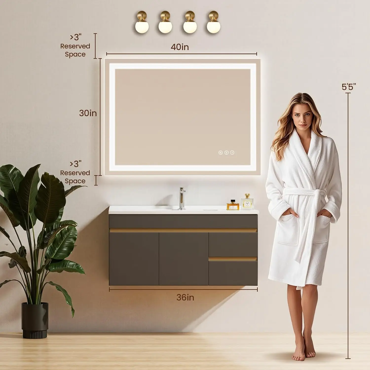 Specchio da bagno 40x30 LED con antiappannamento, luci dimmerabili, vetro infrangibile, funzione di memoria