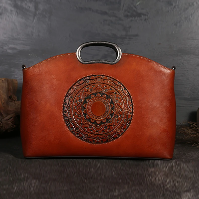 

Genuine Embossed Leather Messenger Top Handle Bag Retro Handbag Totem Pattern High Quality Natural Skin Women Shoulder Tote Bags