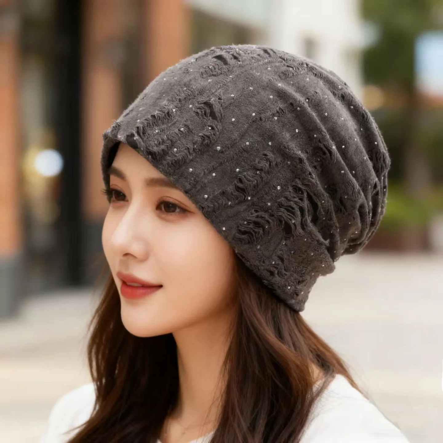 

Face Small Pile Hat Women Autumn and Winter Big Head Circumference Plain Face Bag Head Knitted Cold Hat Black Tide